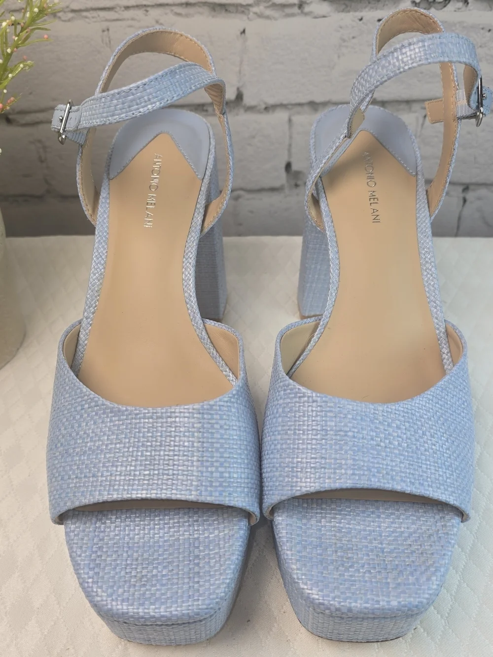 ANTONIO MELANI BONNY RAFFIA PLATFORM BLOCK HEEL POWDER BLUE SANDALS WOMENS 10M